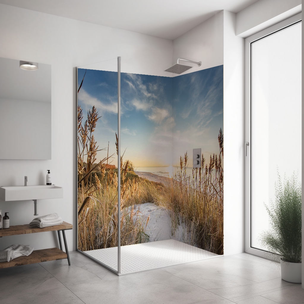 PlateART Eck Duschrückwand Maritim Ostsee Strand mit Gräsern MAR_34_21